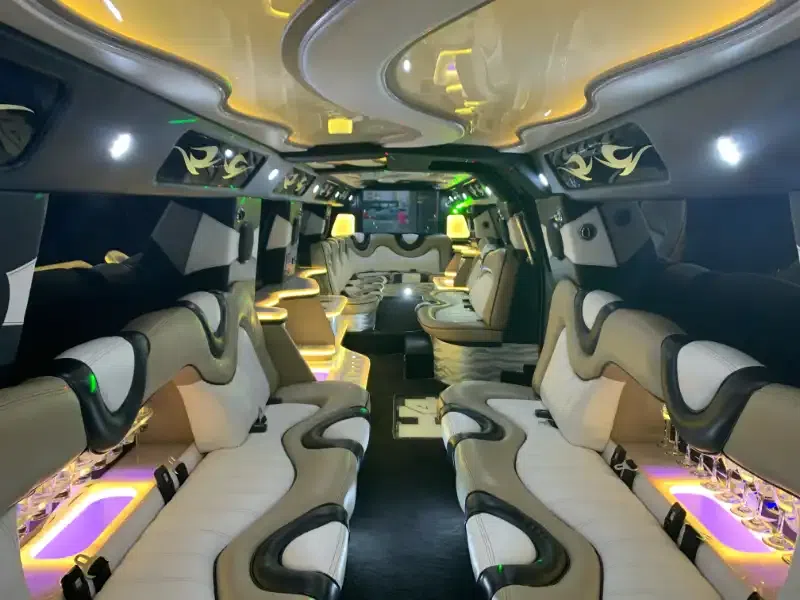 A hummer limo parked in front of a concert venue