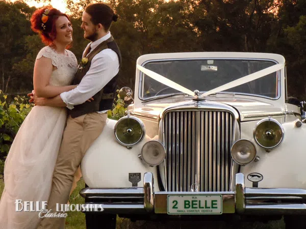A wedding car with sun visor and roof ribbon decorations